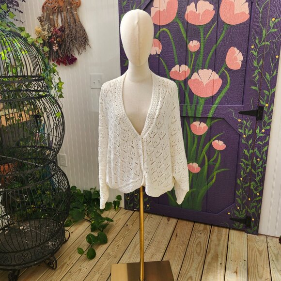 Vintage 80's - 90's White Cotton Oversized Dolman Sleeve Cardigan Sweater - Picture 3 of 15